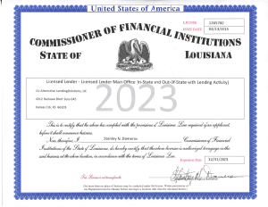 Licensed Lender Certificate